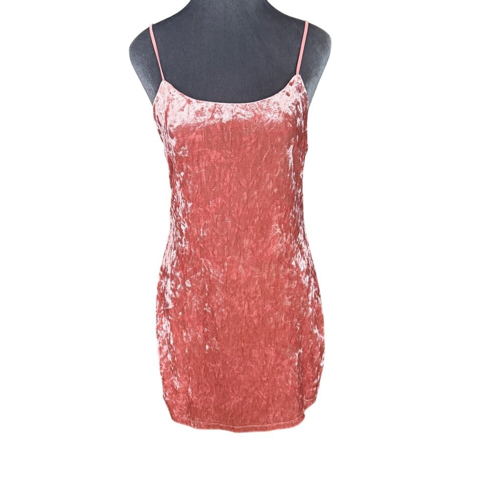 Ecote Velvet Pink Crushed Mini Slip Dress With Adjustable Spaghetti Straps Size